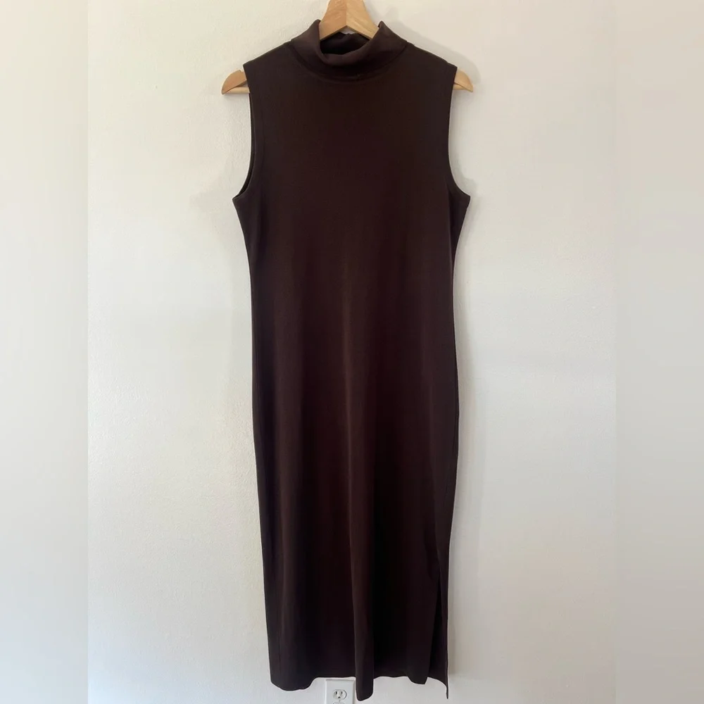 Misook Sleeveless Chocolate Brown Ribbed Folded Turtleneck Maxi Dress Size Small